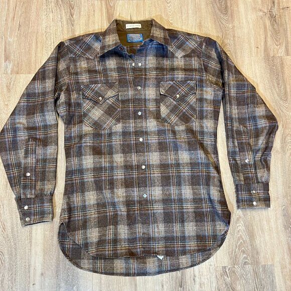 Pendleton 100 % Wool Plaid Button Down Shirt  Medium Brown - Picture 1 of 5